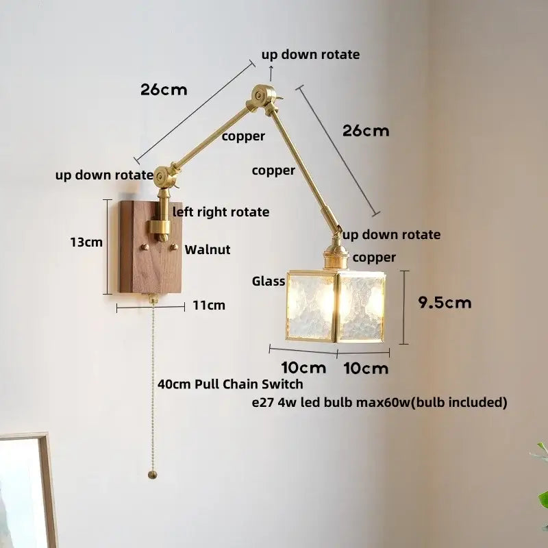 Vintage brass and walnut glass wall light with pull chain bedroom