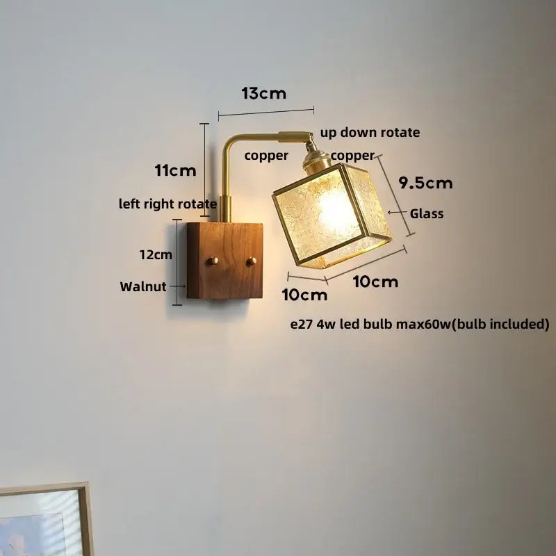 Vintage brass and walnut glass wall light with pull chain bedroom