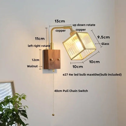 Vintage brass and walnut glass wall light with pull chain bedroom