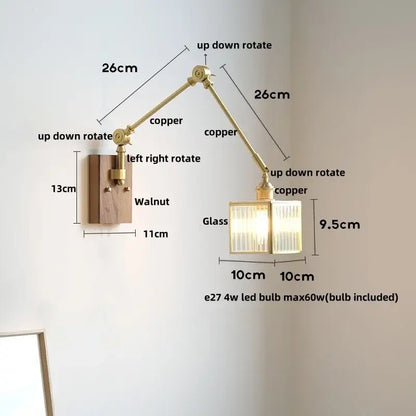 Vintage brass and walnut glass wall light with pull chain bedroom