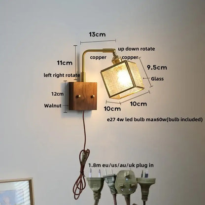 Vintage brass and walnut glass wall light with pull chain bedroom