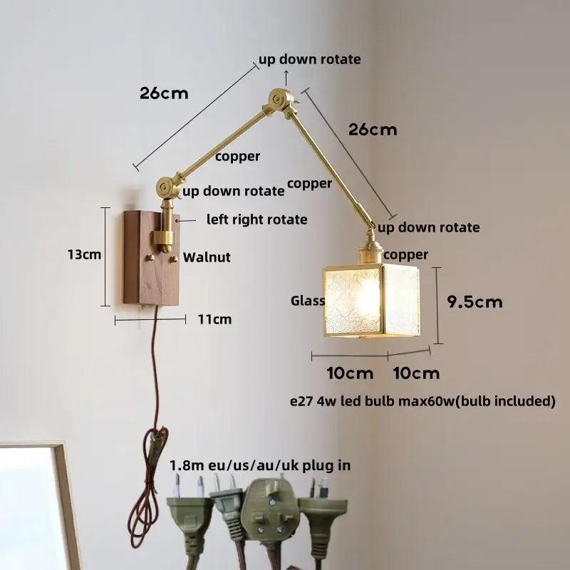 Vintage brass and walnut glass wall light with pull chain bedroom