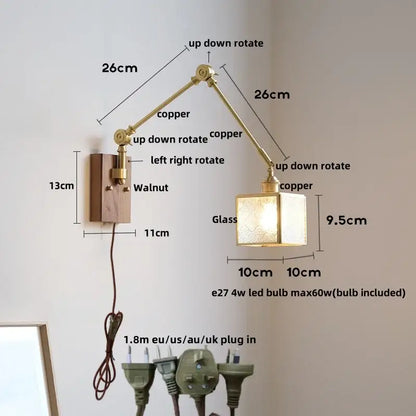 Vintage brass and walnut glass wall light with pull chain bedroom