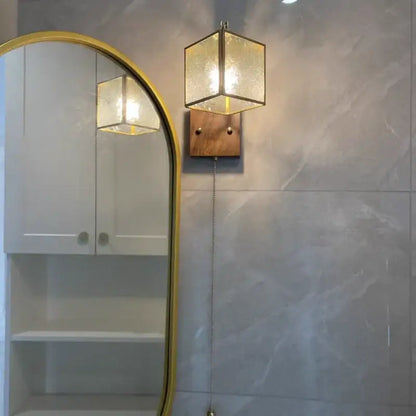 Vintage brass and walnut glass wall light with pull chain bedroom