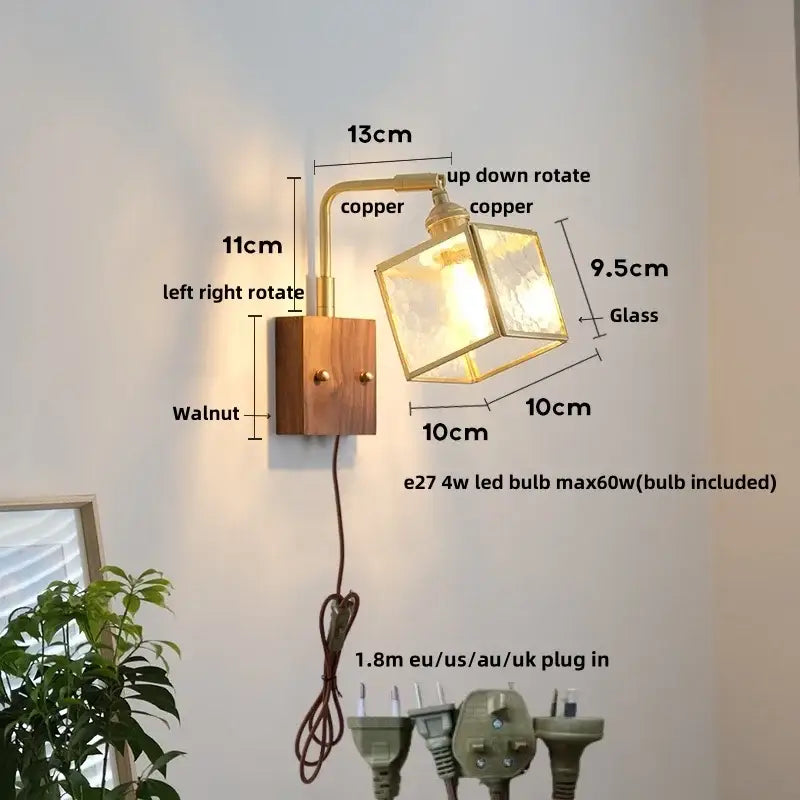 Vintage brass and walnut glass wall light with pull chain bedroom