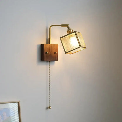 Vintage brass and walnut glass wall light with pull chain bedroom