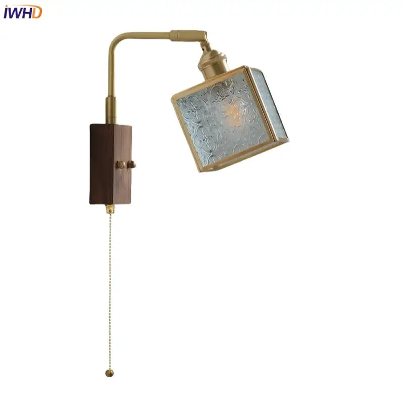 Vintage brass and walnut glass wall light with pull chain bedroom