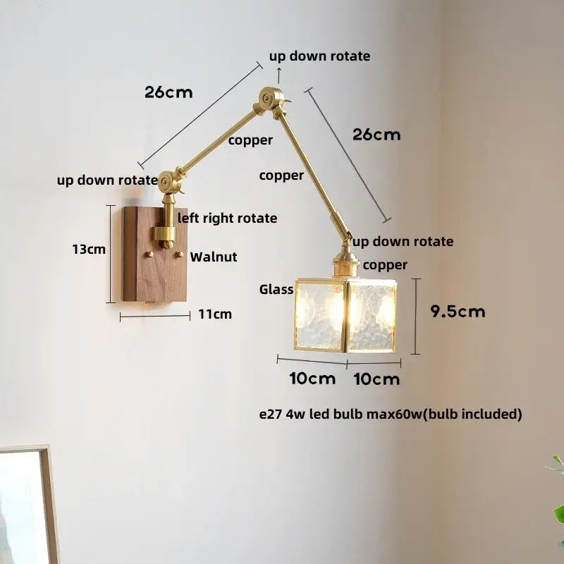 Vintage brass and walnut glass wall light with pull chain bedroom