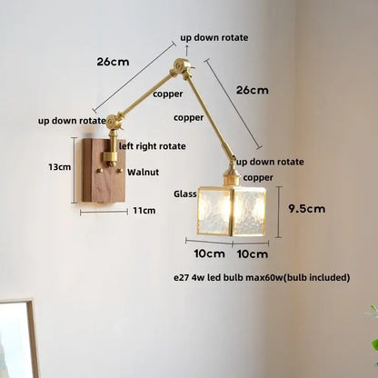 Vintage brass and walnut glass wall light with pull chain bedroom