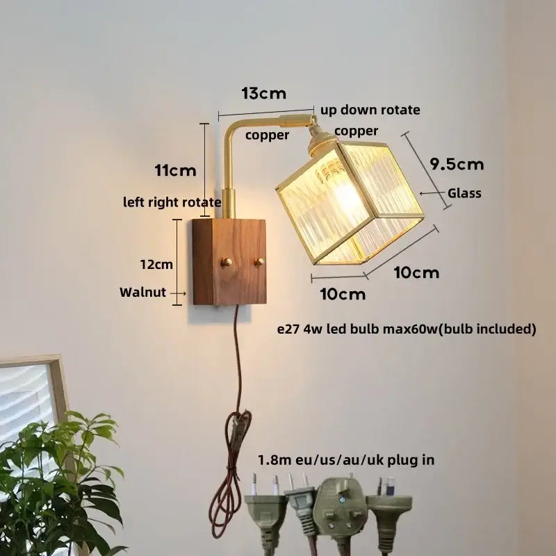 Vintage brass and walnut glass wall light with pull chain bedroom
