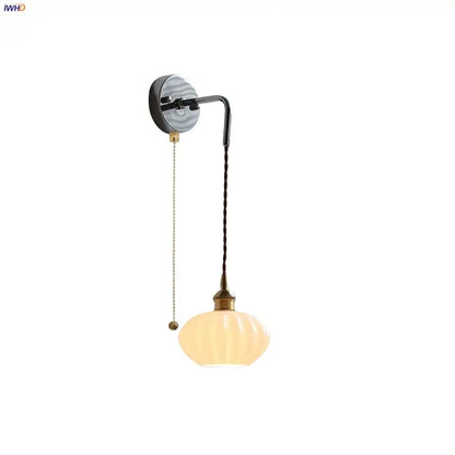 Vintage brass ceramic led wall lamp bedroom ribbed glass sconce
