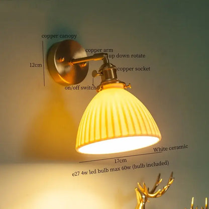 Vintage brass ceramic led wall lamp bedroom with pull chain switch