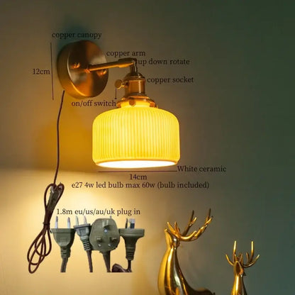 Vintage brass ceramic led wall lamp bedroom with pull chain switch