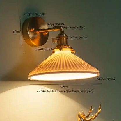 Vintage brass ceramic led wall lamp bedroom with pull chain switch