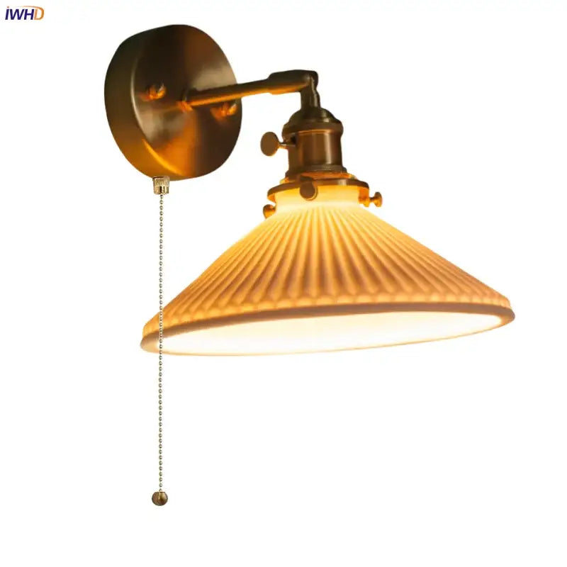 Vintage brass ceramic led wall lamp bedroom with pull chain switch