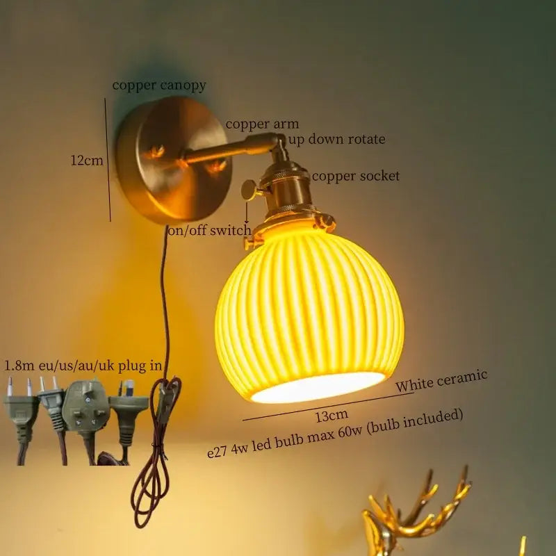 Vintage brass ceramic led wall lamp bedroom with pull chain switch