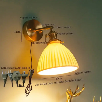 Vintage brass ceramic led wall lamp bedroom with pull chain switch