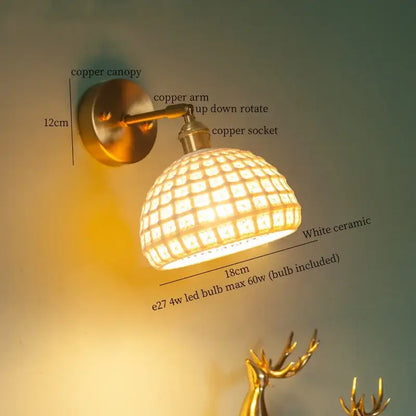 Vintage brass ceramic led wall lamp bedroom with pull chain switch