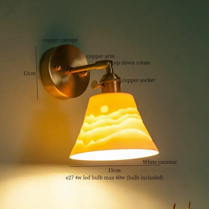 Vintage brass ceramic led wall lamp bedroom with pull chain switch