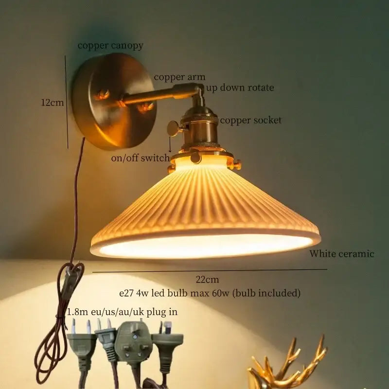 Vintage brass ceramic led wall lamp bedroom with pull chain switch