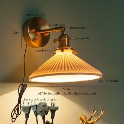 Vintage brass ceramic led wall lamp bedroom with pull chain switch