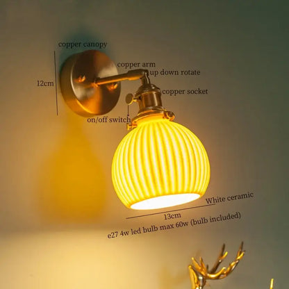 Vintage brass ceramic led wall lamp bedroom with pull chain switch