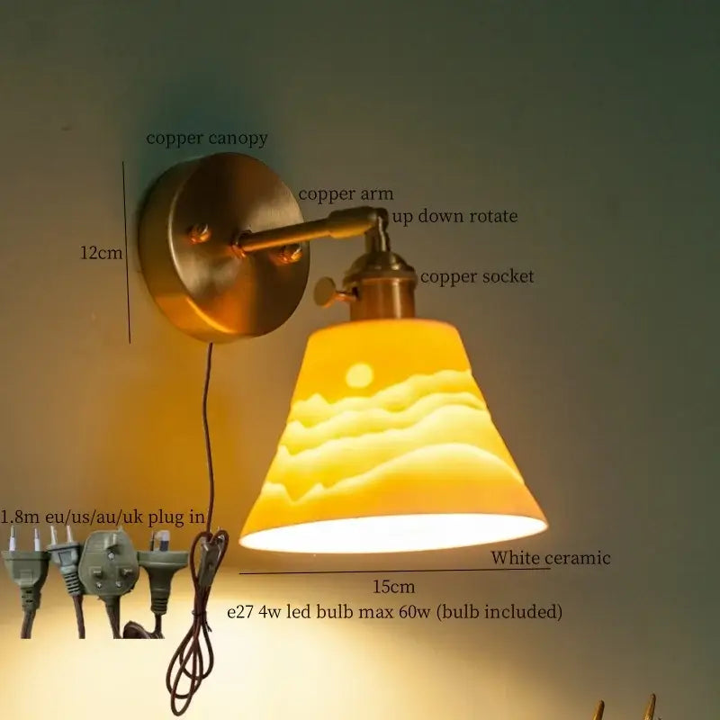 Vintage brass ceramic led wall lamp bedroom with pull chain switch