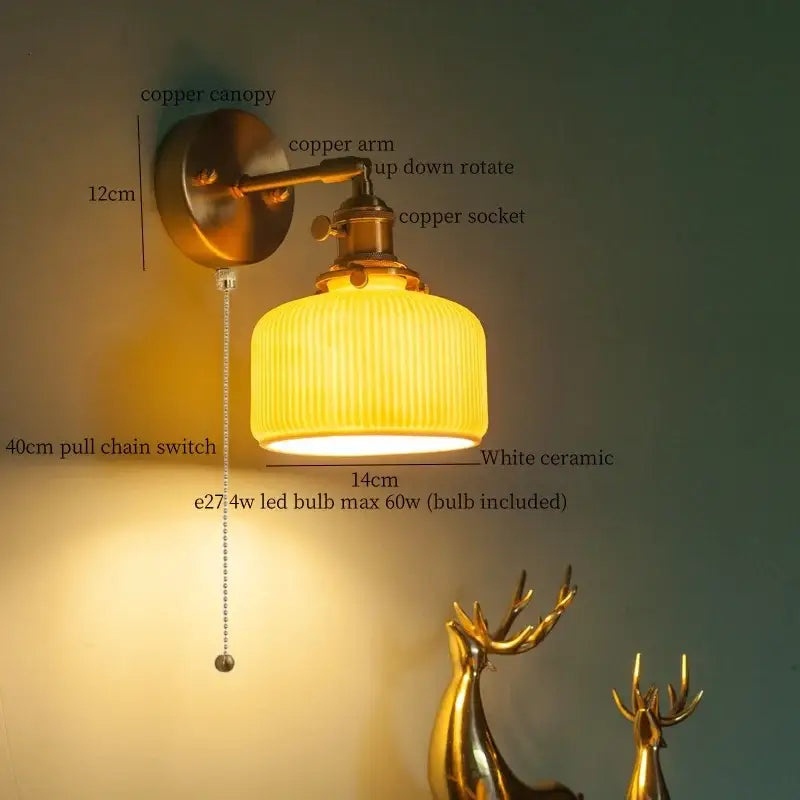Vintage brass ceramic led wall lamp bedroom with pull chain switch