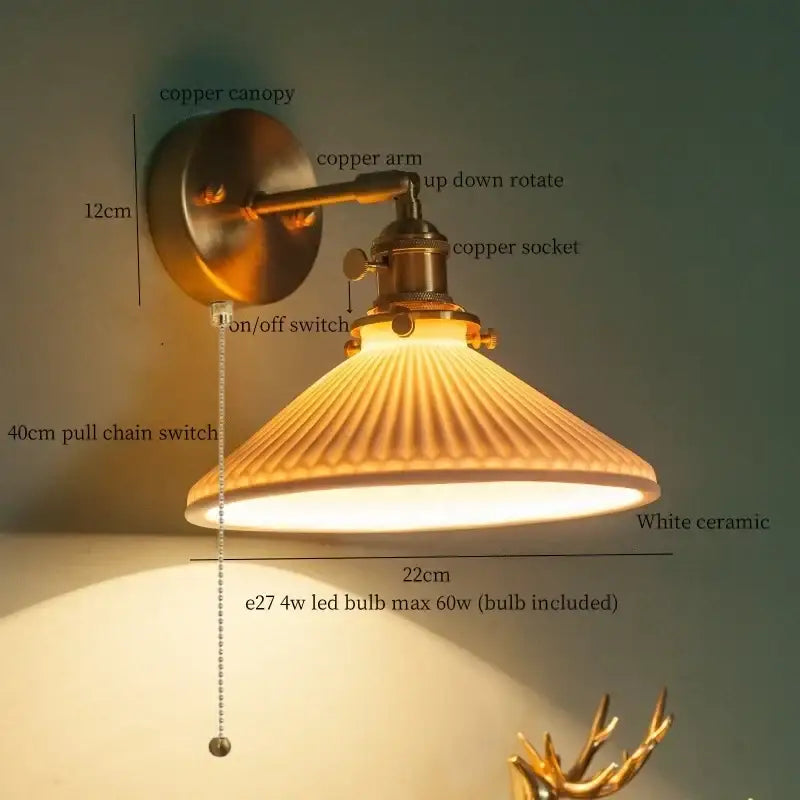 Vintage brass ceramic led wall lamp bedroom with pull chain switch