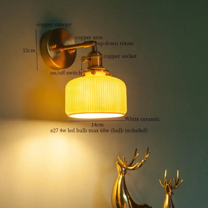 Vintage brass ceramic led wall lamp bedroom with pull chain switch