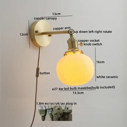 Vintage brass ceramic led wall light with ribbed glass bedroom sconce