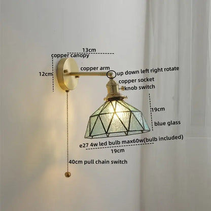 Vintage brass ceramic led wall light with ribbed glass bedroom sconce