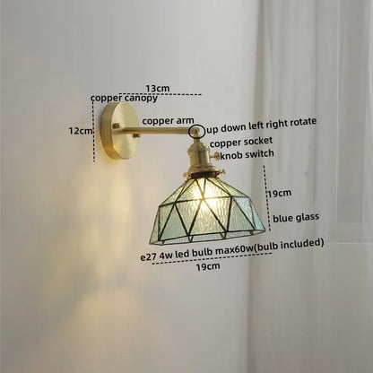 Vintage brass ceramic led wall light with ribbed glass bedroom sconce