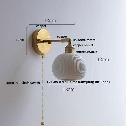 Vintage brass ceramic led wall lights bedroom ruffled glass shade