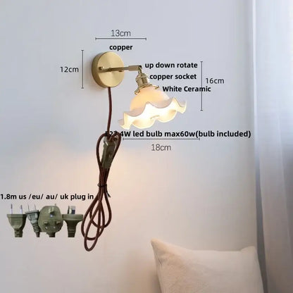 Vintage brass ceramic led wall lights bedroom ruffled glass shade