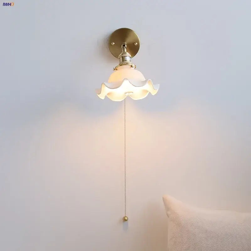 Vintage brass ceramic led wall lights bedroom ruffled glass shade