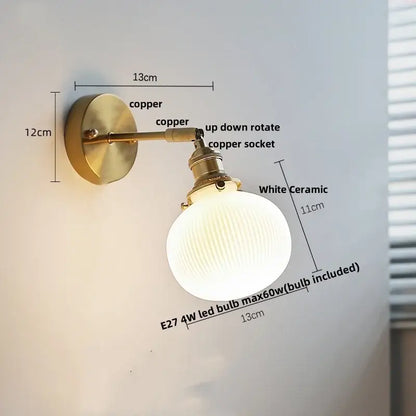 Vintage brass ceramic led wall lights bedroom ruffled glass shade