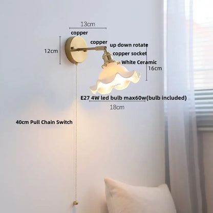 Vintage brass ceramic led wall lights bedroom ruffled glass shade