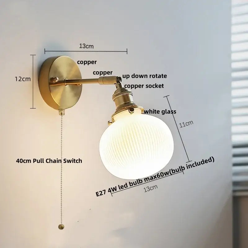 Vintage brass ceramic led wall lights bedroom ruffled glass shade