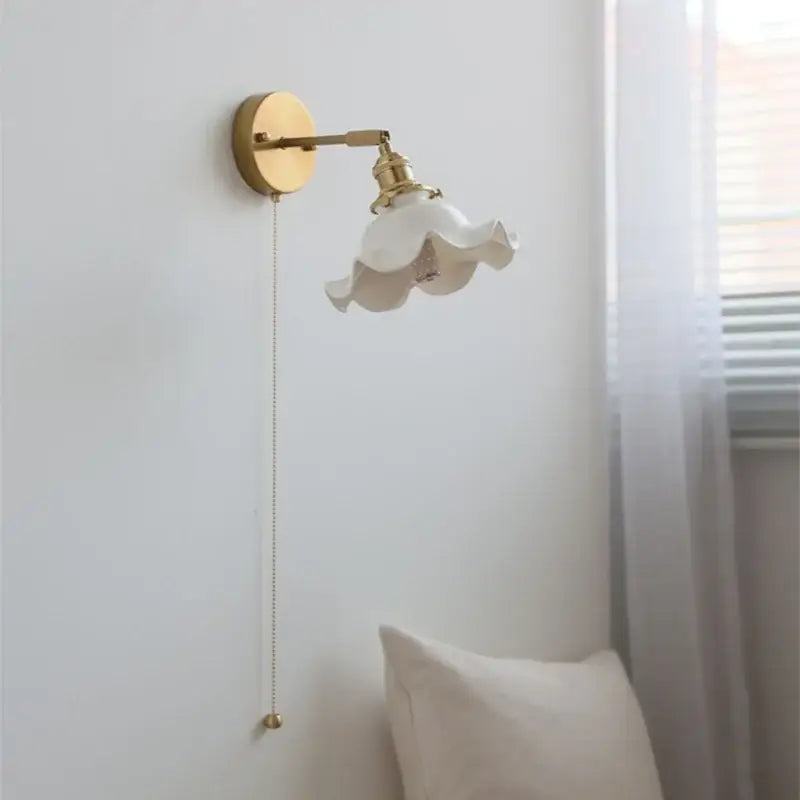 Vintage brass ceramic led wall lights bedroom ruffled glass shade
