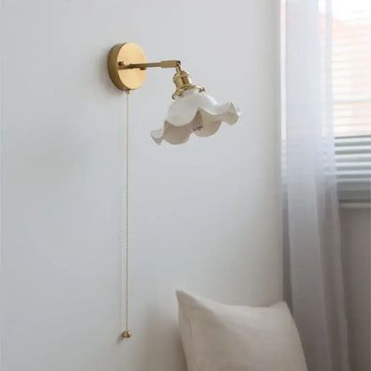 Vintage brass ceramic led wall lights bedroom ruffled glass shade