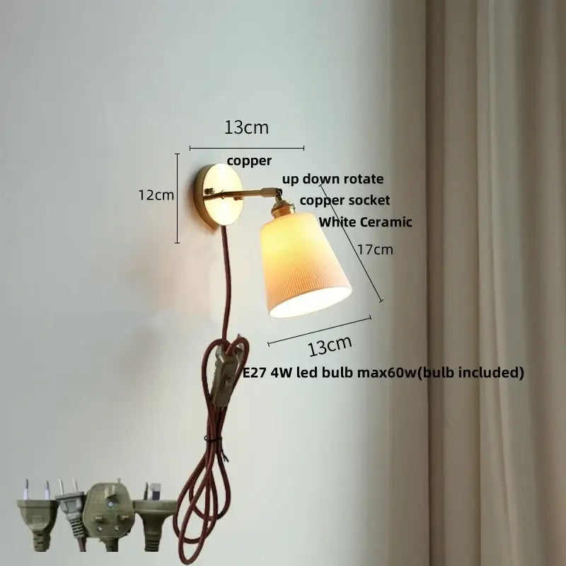 Vintage brass ceramic led wall lights bedroom ruffled glass shade