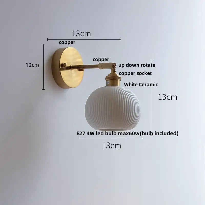 Vintage brass ceramic led wall lights bedroom ruffled glass shade