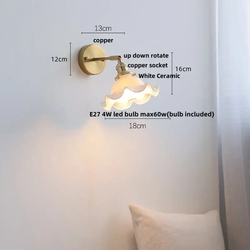 Vintage brass ceramic led wall lights bedroom ruffled glass shade