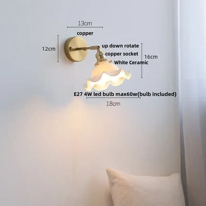 Vintage brass ceramic led wall lights bedroom ruffled glass shade