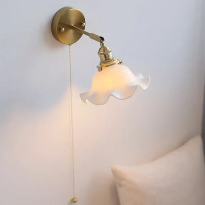 Vintage brass ceramic led wall lights bedroom ruffled glass shade