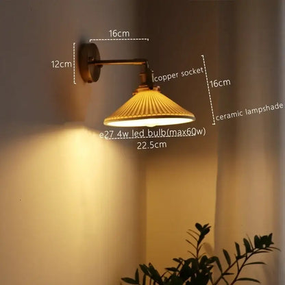 Vintage brass ceramic led wall sconce with ribbed glass for bedroom