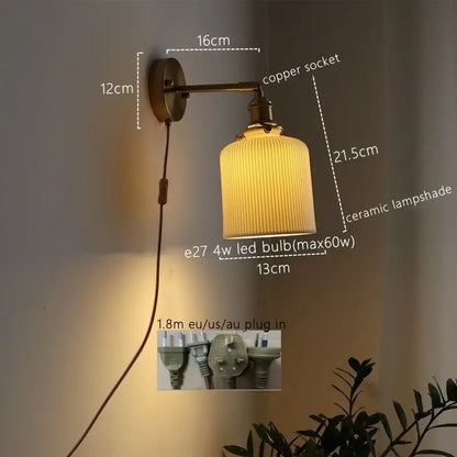 Vintage brass ceramic led wall sconce with ribbed glass for bedroom