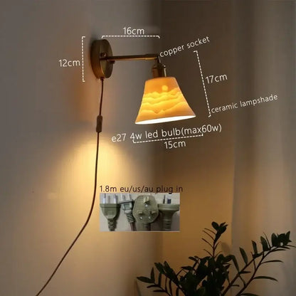 Vintage brass ceramic led wall sconce with ribbed glass for bedroom