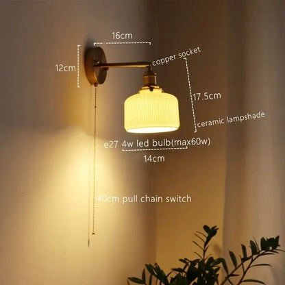 Vintage brass ceramic led wall sconce with ribbed glass for bedroom